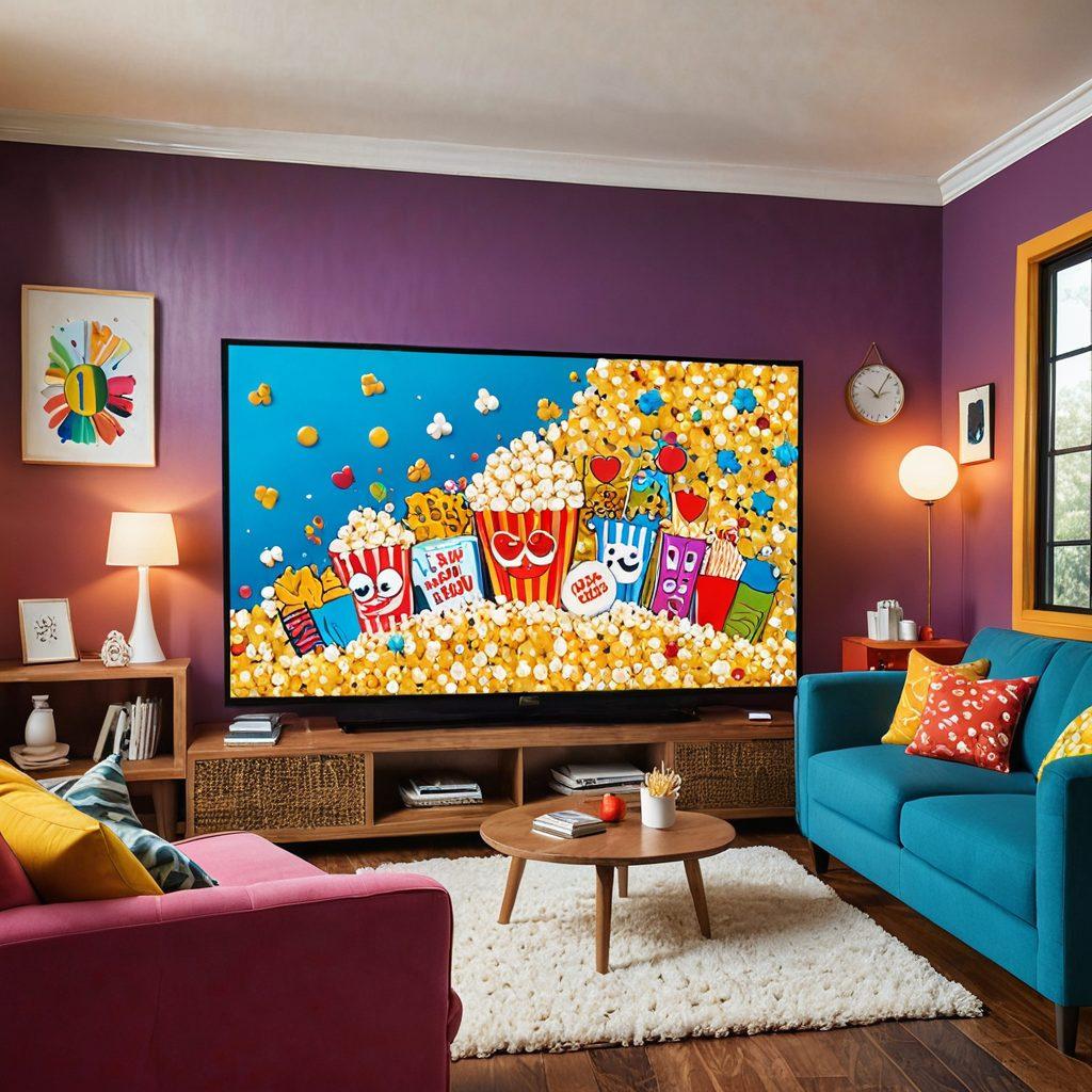 A whimsical illustration featuring a lively television screen displaying comically exaggerated adult-themed scenes, surrounded by colorful popcorn, laughter emojis, and playful confetti. The background showcases a cozy living room with soft lighting and plush seating, emphasizing a fun and relaxed vibe. Include teeming laughter bubble graphics that amplify the humorous theme. vibrant colors. cartoon style.