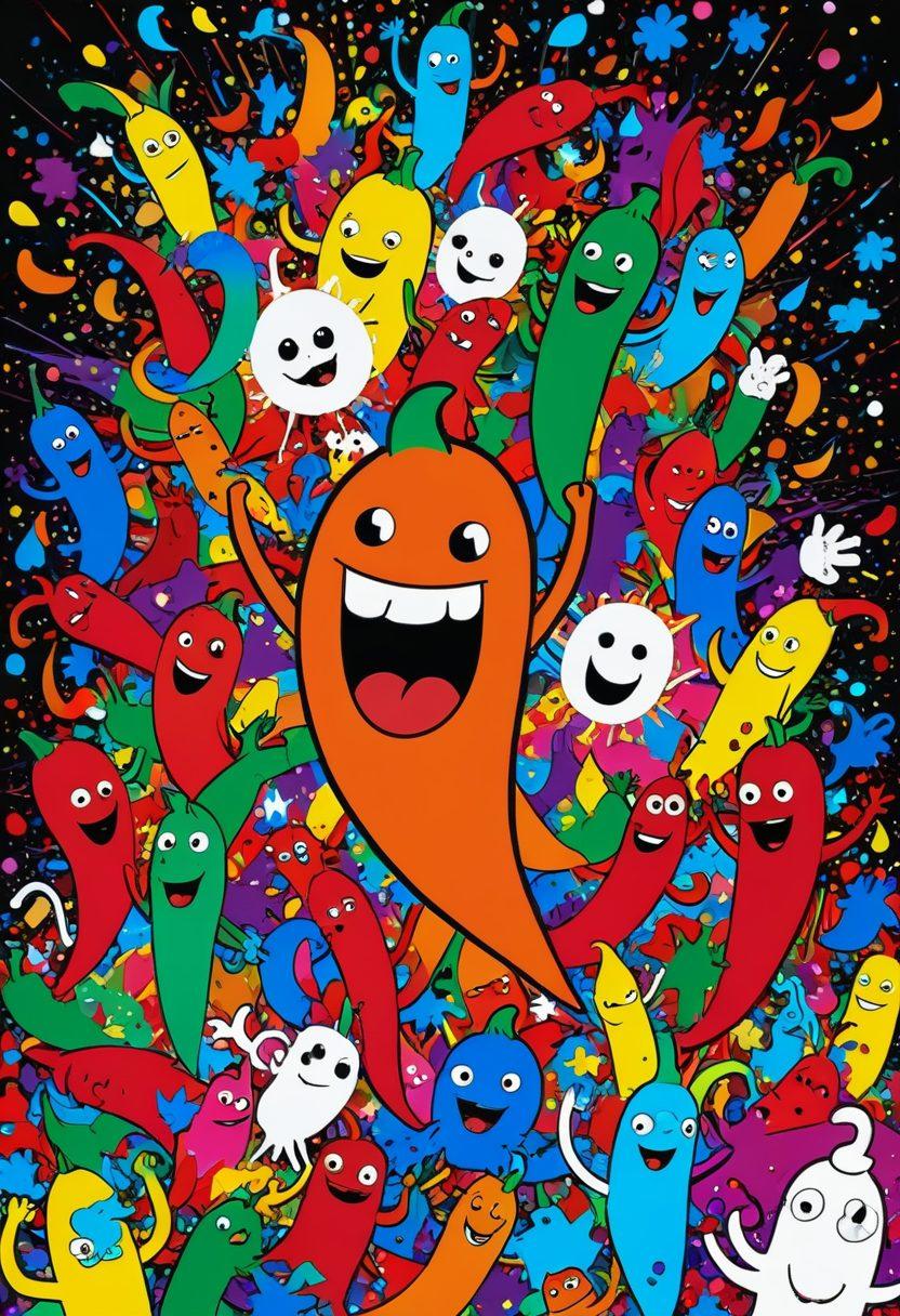 A lively and colorful collage showcasing various comedic and risqué scenes, featuring playful cartoon characters engaged in humorous situations, with vibrant sparks and spice motifs like chili peppers and confetti, all set against a backdrop of a lively digital screen. The atmosphere is energetic and fun, radiating a sense of excitement and curiosity. cartoon style. vibrant colors. playful composition.