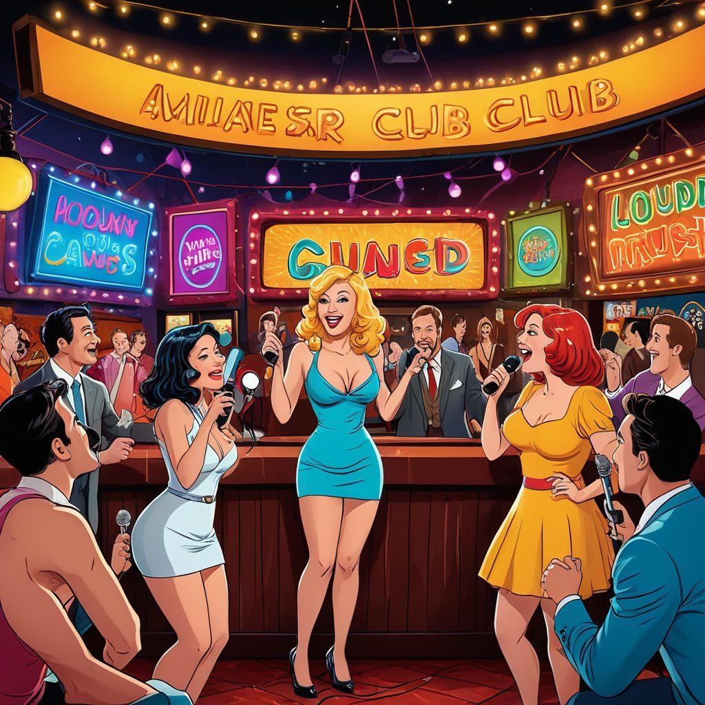 A whimsical scene in a comedy club filled with colorful lights and laughter, featuring playful adult-themed cartoon characters sharing jokes, surrounded by props like oversized microphones and humorous signboards. The atmosphere should be vibrant and joyful, with an inclusive vibe highlighting the fun side of adult entertainment. vector art. vibrant colors.